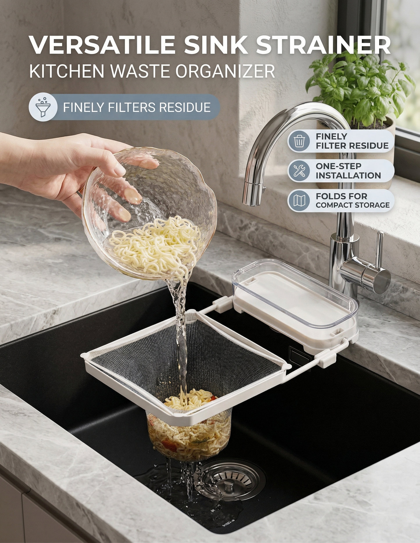 Foldable Kitchen Sink Mesh Filter Rack – Suction Cup Drainage Basket for Food Residue – Space-Saving Sink Waste Strainer Holder for Leftovers & Peels