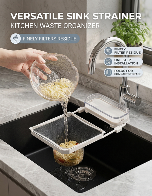 Foldable Kitchen Sink Mesh Filter Rack – Suction Cup Drainage Basket for Food Residue – Space-Saving Sink Waste Strainer Holder for Leftovers & Peels