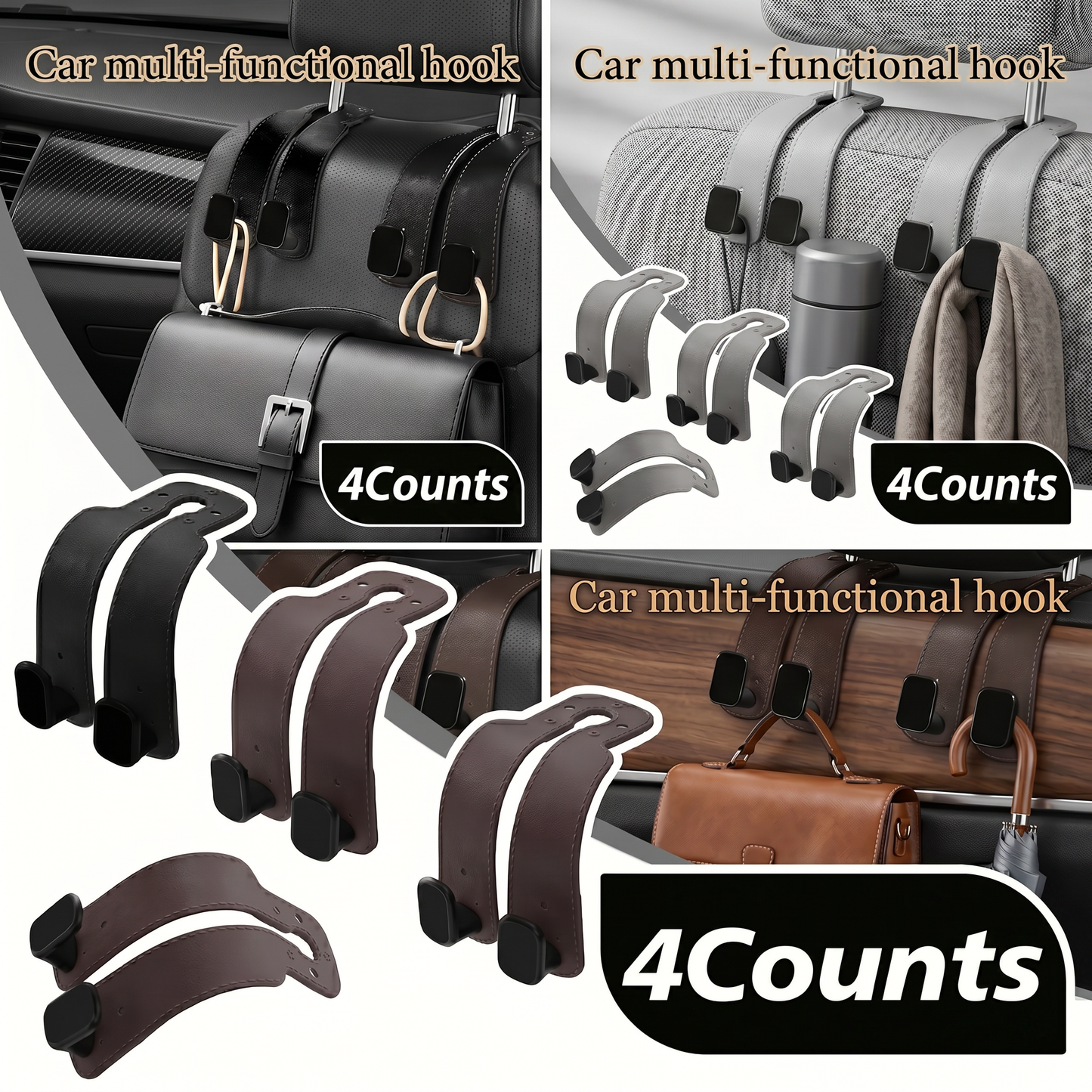 🥇4 Counts Car Seat Headrest Hook, Improved Car Seat Back Double Hooks for Kids' Toys Hats Masks Sunglasses, Soft Gentle Faux Leather