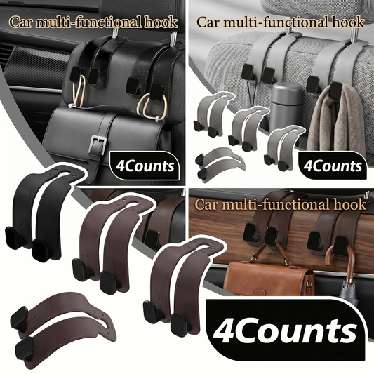 🥇4 Counts Car Seat Headrest Hook, Improved Car Seat Back Double Hooks for Kids' Toys Hats Masks Sunglasses, Soft Gentle Faux Leather