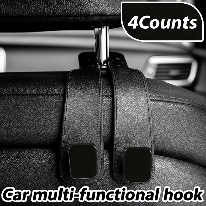 🥇4 Counts Car Seat Headrest Hook, Improved Car Seat Back Double Hooks for Kids' Toys Hats Masks Sunglasses, Soft Gentle Faux Leather