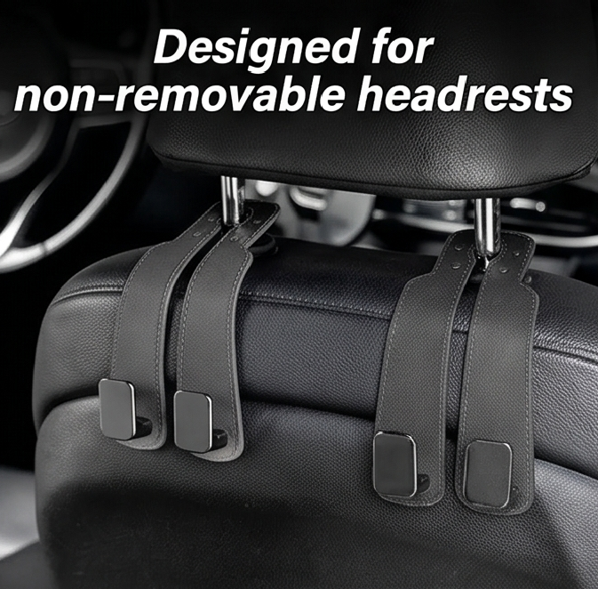 🥇4 Counts Car Seat Headrest Hook, Improved Car Seat Back Double Hooks for Kids' Toys Hats Masks Sunglasses, Soft Gentle Faux Leather